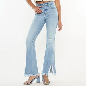 Kancan High Rise Distressed Kick Flare Jeans Raw Hem Size 7/27 Light Wash